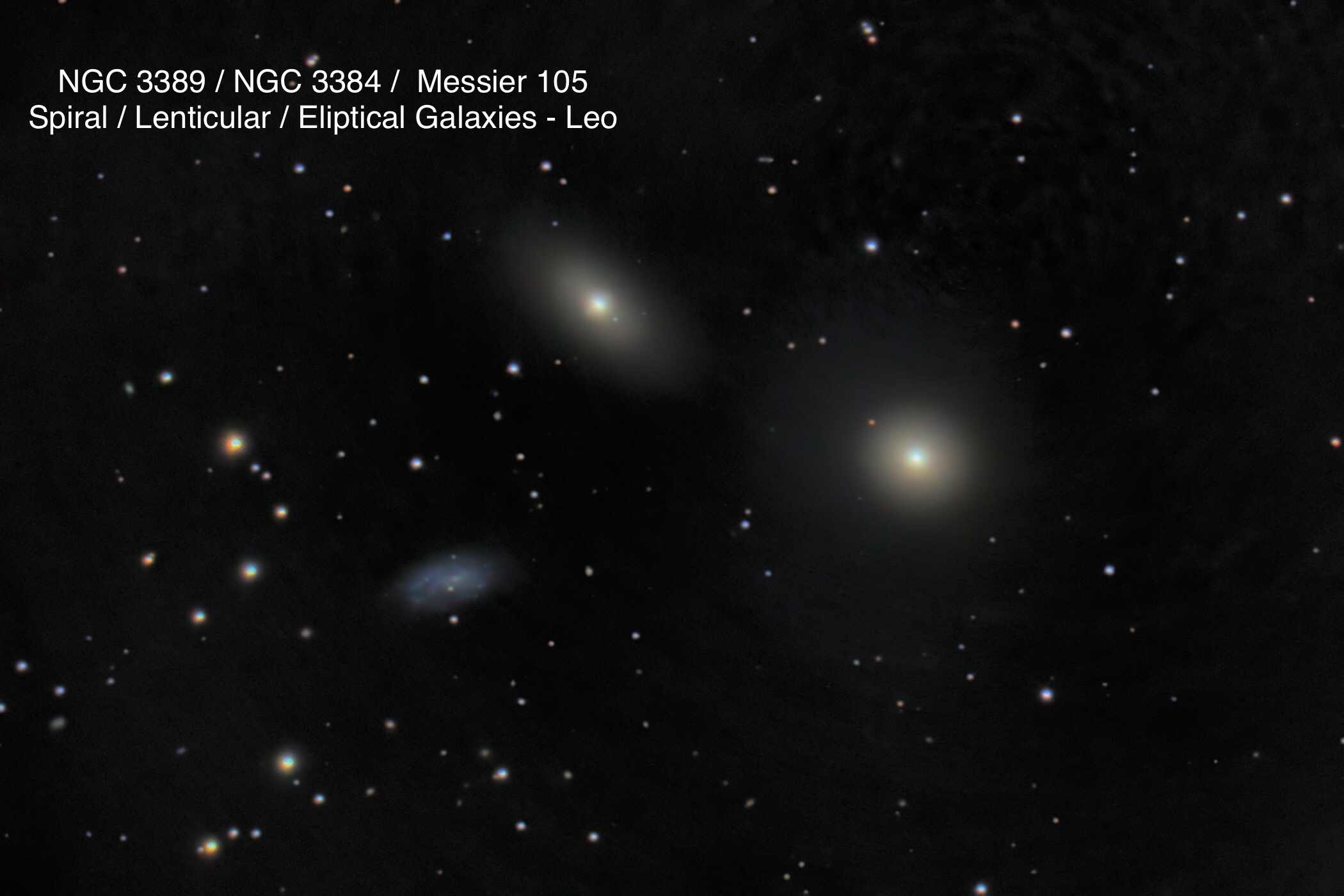 NGC 3389, NGC 3384, Messier 105 Spiral, Lenticular, Elliptical galaxies Constellation Leo